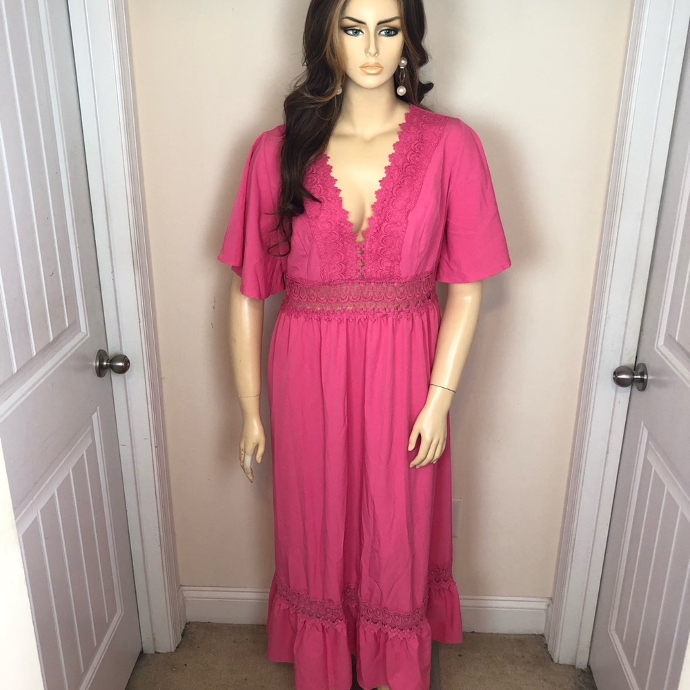 3X PLUS SIZE  Bubble Gum Pink Lace-Trim Crochet Trim Tiered Long Maxi Dress